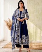 Midnight Bloom – Navy Blue Printed Anarkali Kurta Pant with Dupatta Set