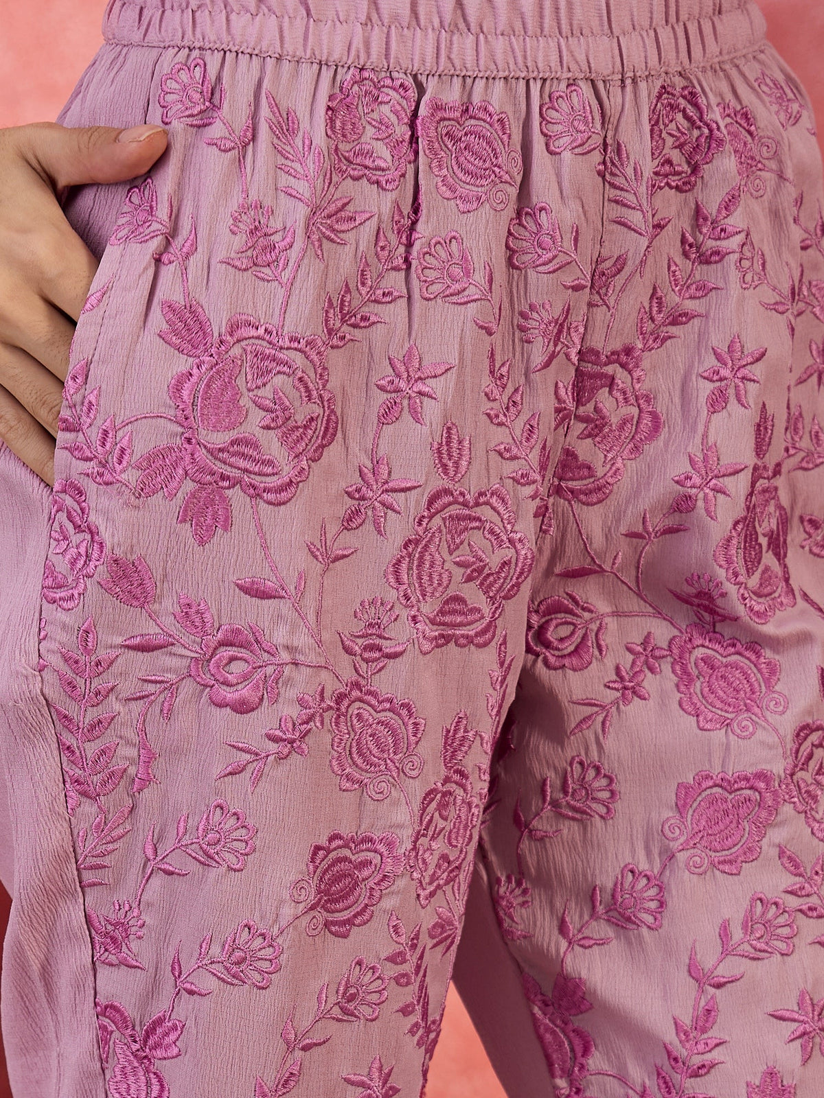 Serene Poise Floral Embroidered Overlapping Tie-Up Top & Trouser Co-Ord Set