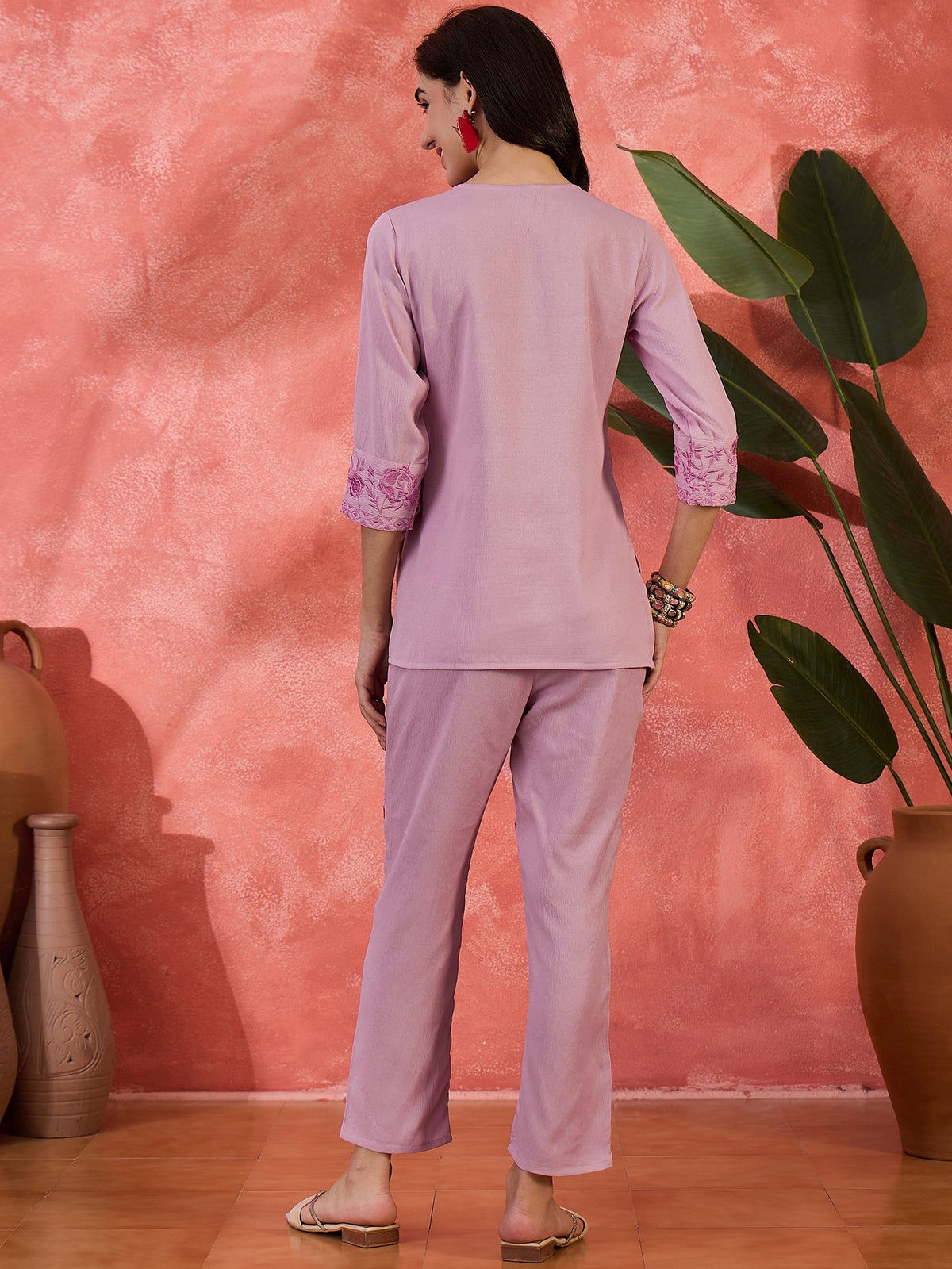 Serene Poise Floral Embroidered Overlapping Tie-Up Top & Trouser Co-Ord Set
