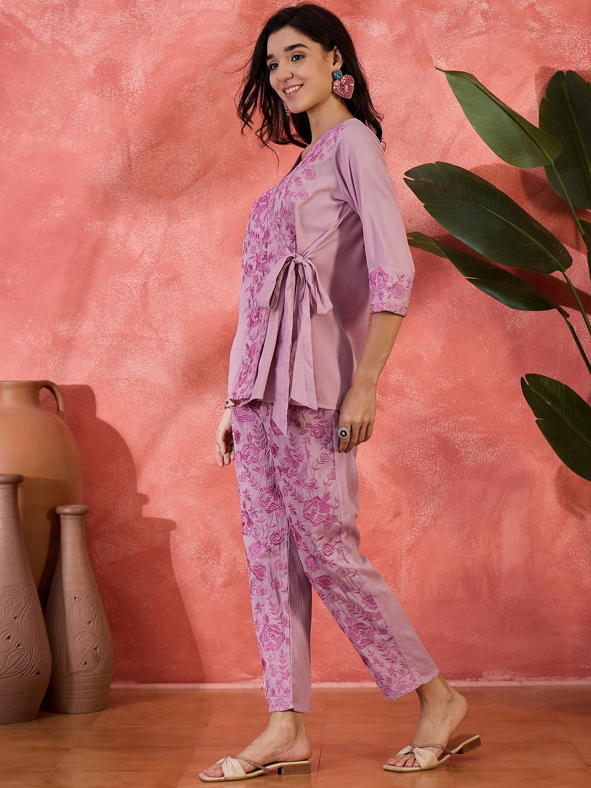 Serene Poise Floral Embroidered Overlapping Tie-Up Top & Trouser Co-Ord Set
