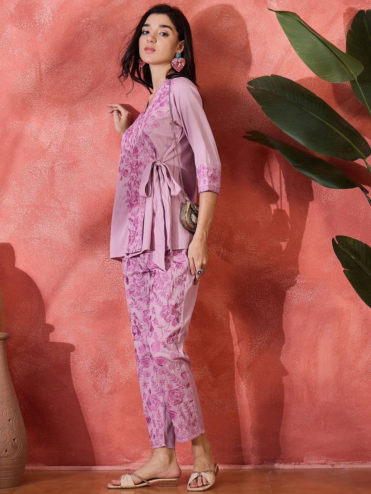 Serene Poise Floral Embroidered Overlapping Tie-Up Top & Trouser Co-Ord Set
