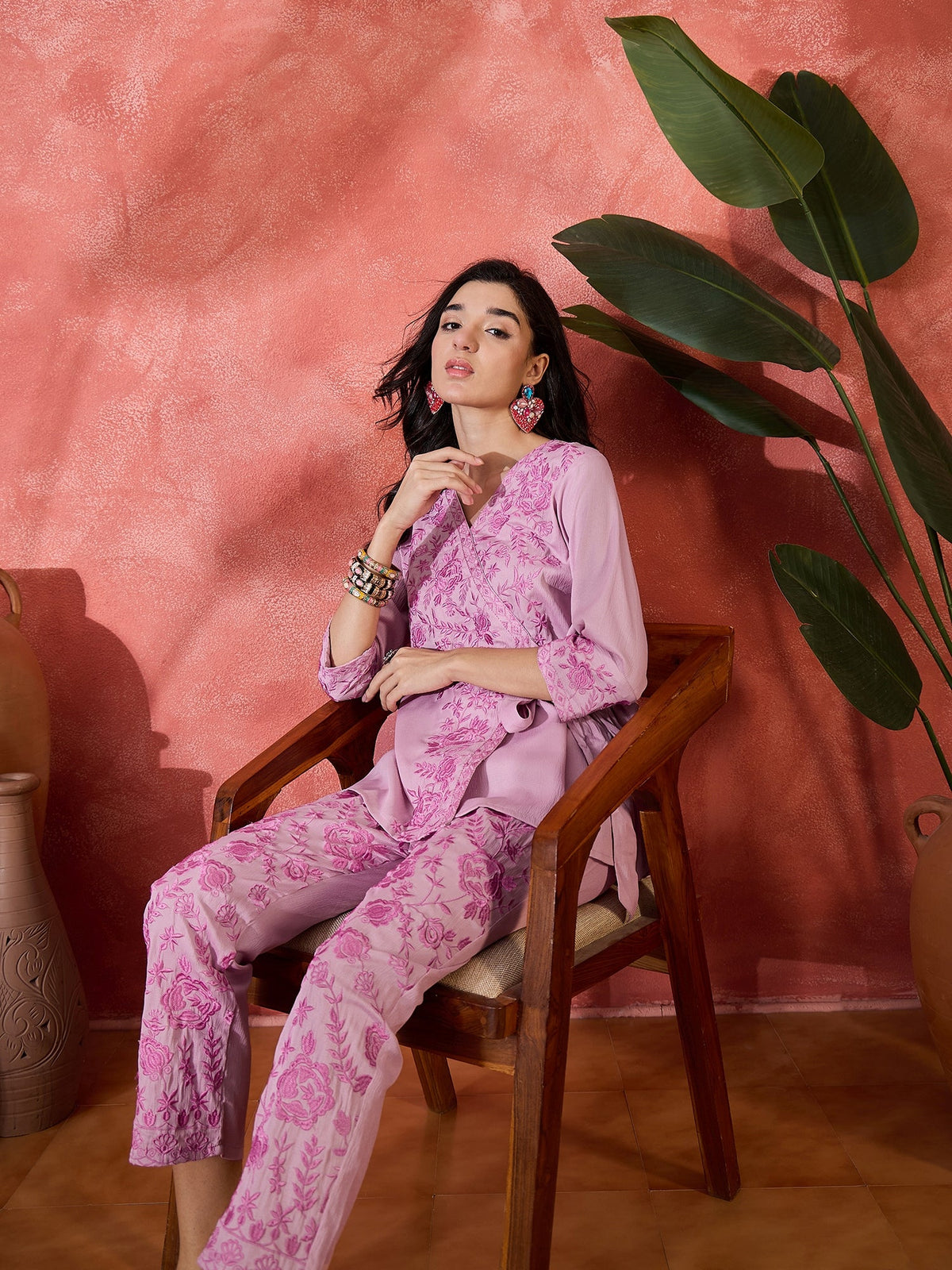 Serene Poise Floral Embroidered Overlapping Tie-Up Top & Trouser Co-Ord Set