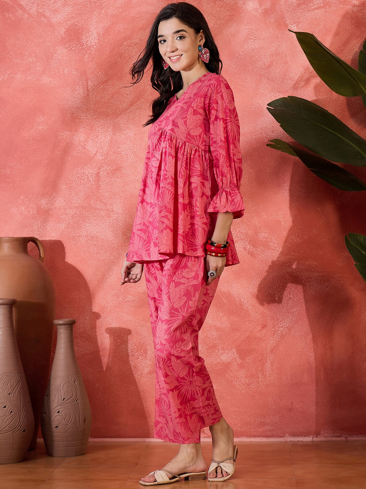 Nooraya Petal Pure Cotton Pink V-Neck Three-Quarter Sleeves Co-Ord Set