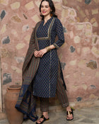 Moonlit Indigo Cotton Printed Kurta Pant with Dupatta Set Ethnic Wear for Women