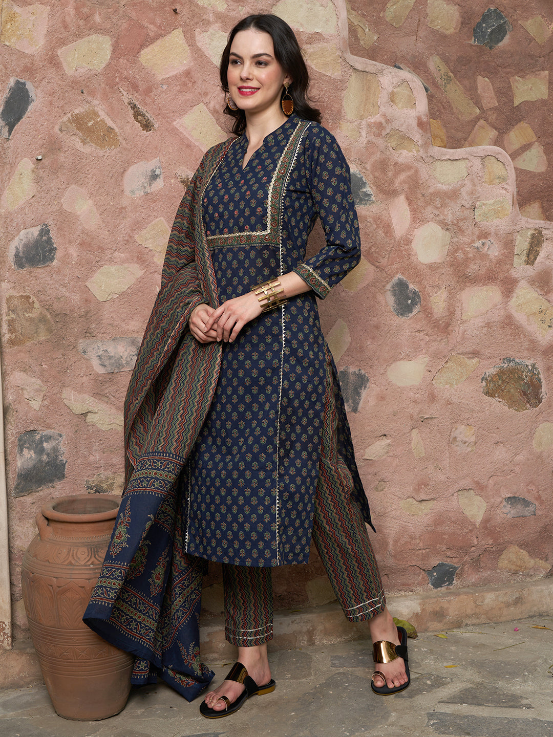 Moonlit Indigo Cotton Printed Kurta Pant with Dupatta Set Ethnic Wear for Women