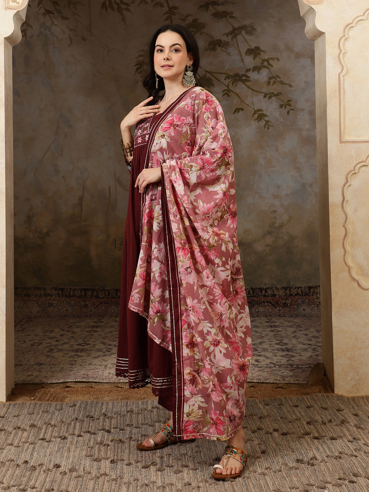 Florya Yoke Design Thread Work Pure Cotton Anarkali Kurta Set with Trousers & Dupatta