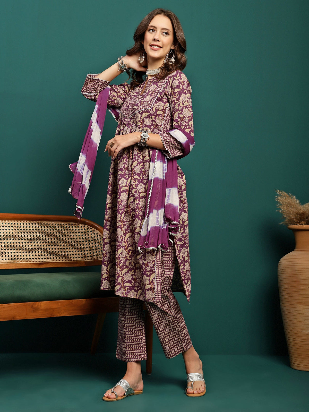 Amethyst Bloom Printed A-Line Kurta Pant with Dupatta Set