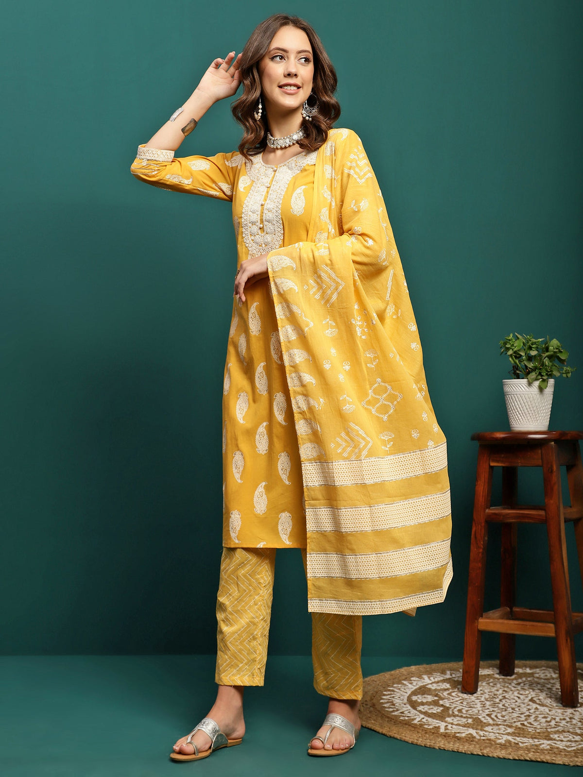Amber Radiance Embroidered Pure Cotton Kurta Trouser With Dupatta