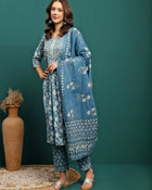 Bluebell Charm Floral Printed Gotta Patti Pure Cotton A-Line Kurta With Trouser & Dupatta Set