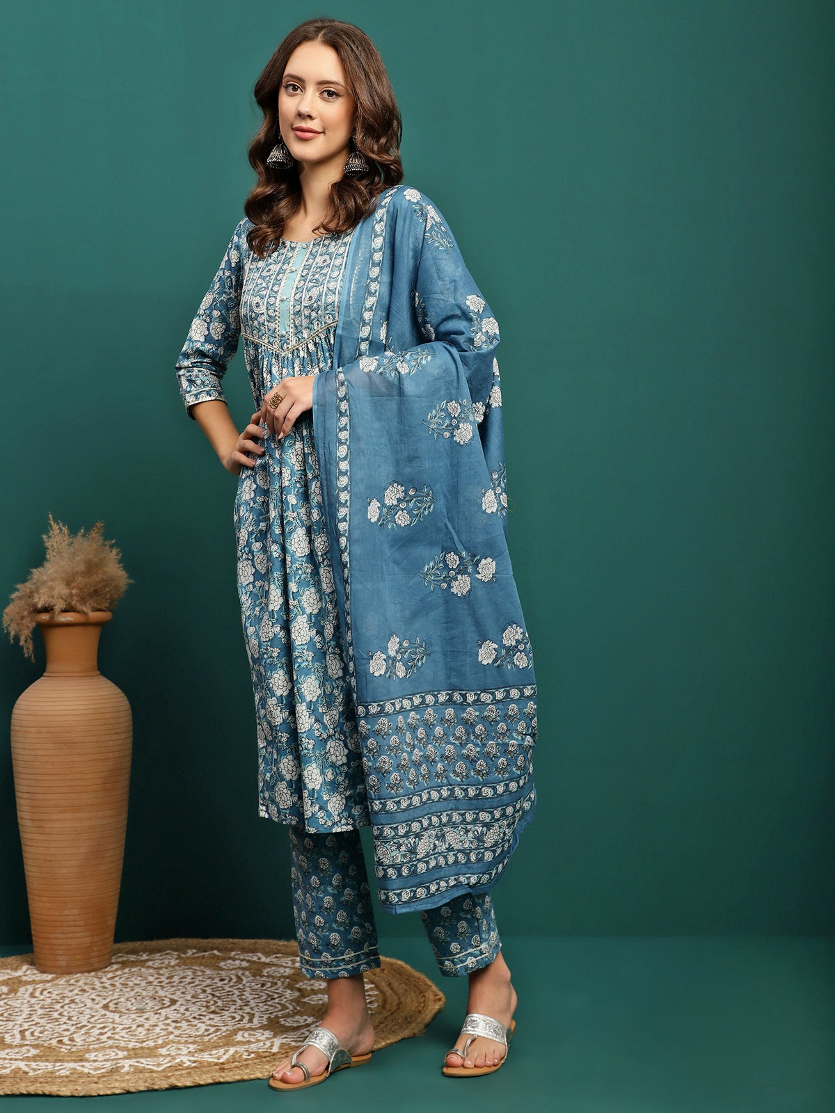 Bluebell Charm Floral Printed Gotta Patti Pure Cotton A-Line Kurta With Trouser & Dupatta Set