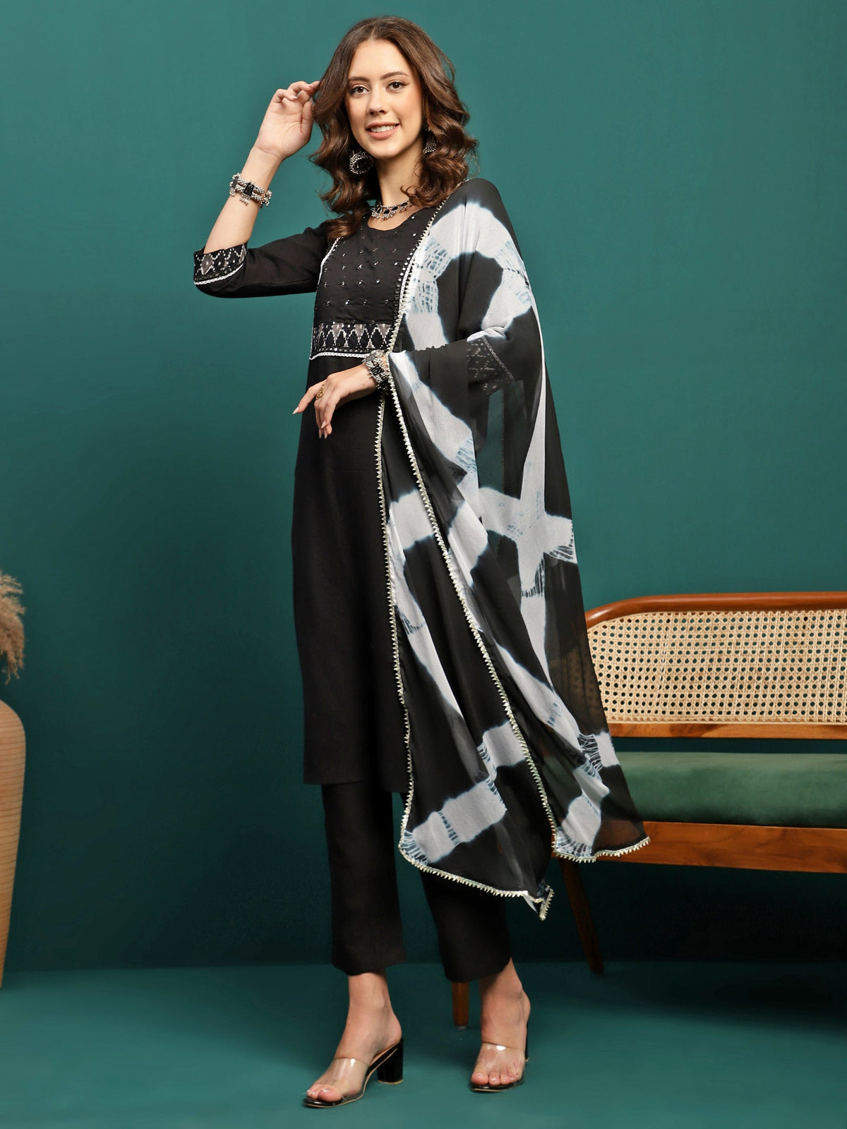 Noir Weave Geometric Yoke Pure Cotton Straight Kurta With Trouser & Dupatta