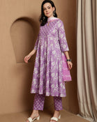 Lavender Bloom Floral Printed Notch Neck Pure Cotton Anarkali Kurta & Trousers With Dupatta