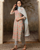 Neelika Floral Printed Blue Cotton Kurta with Trousers & Dupatta