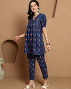 Kavini Blue Printed Cotton Co-ord Set with Top & Trousers