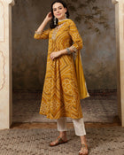 Sunehri Raag Bandhani Printed Pure Cotton Anarkali Kurta Set with Dupatta