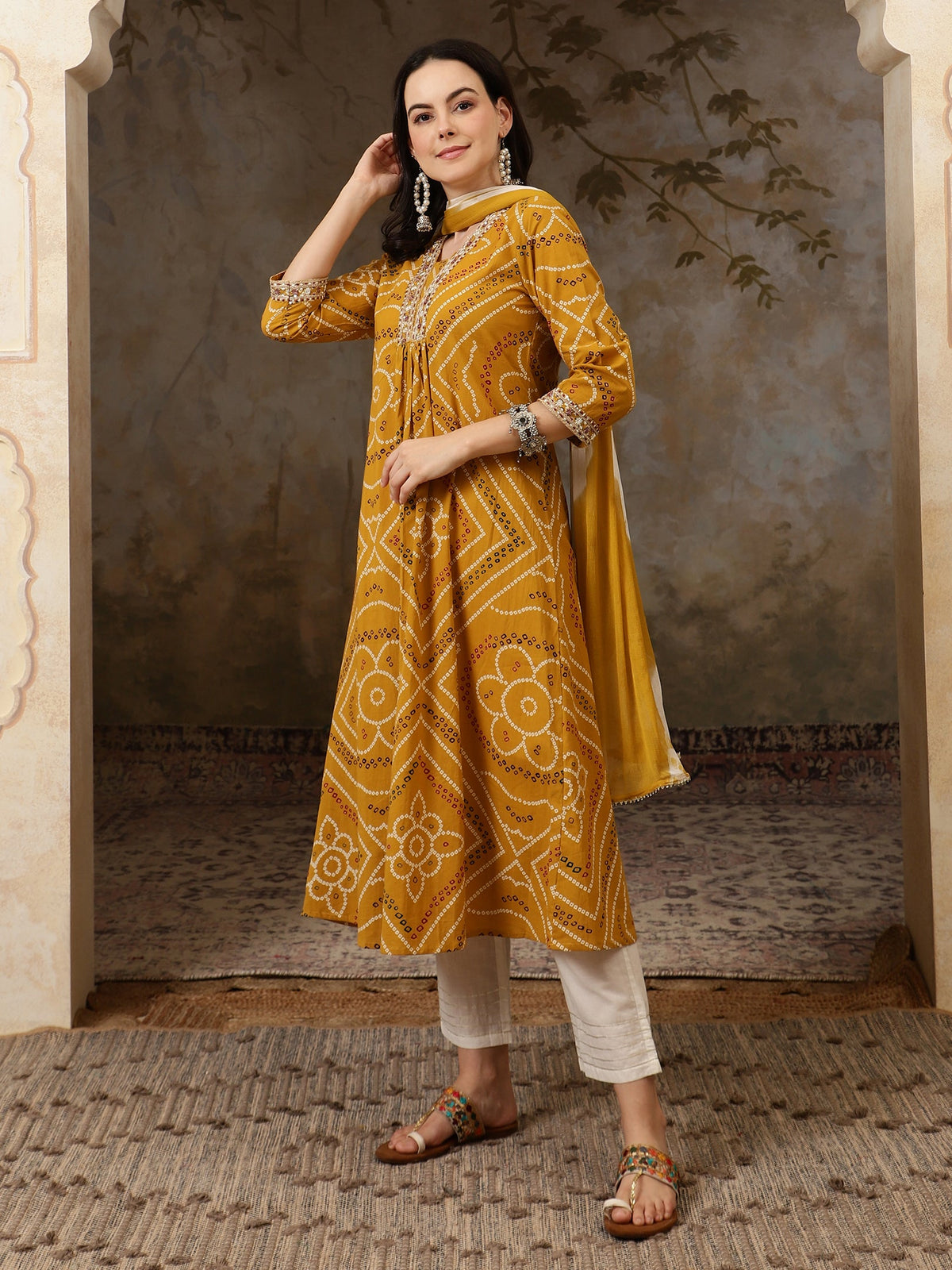 Sunehri Raag Bandhani Printed Pure Cotton Anarkali Kurta Set with Dupatta