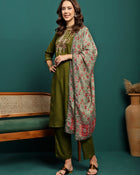 Serene Thread Floral Embroidered Kurta with Trousers & Dupatta