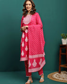 Rosy Veil Printed Pure Cotton Straight Kurta With Trouser & Dupatta Set