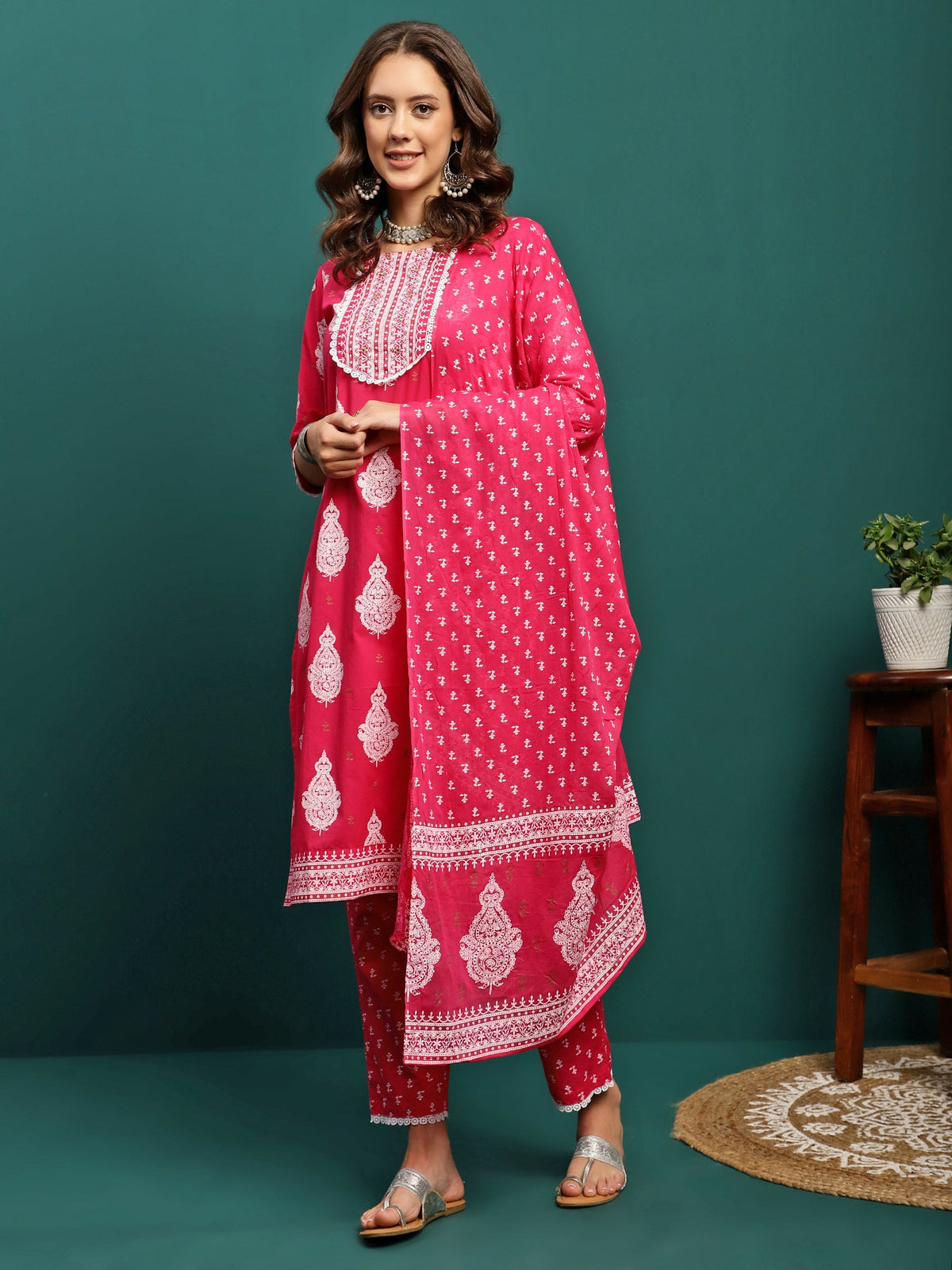 Rosy Veil Printed Pure Cotton Straight Kurta With Trouser & Dupatta Set