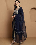 Ebon Weave Floral Embroidered Straight Kurta & Trousers With Dupatta