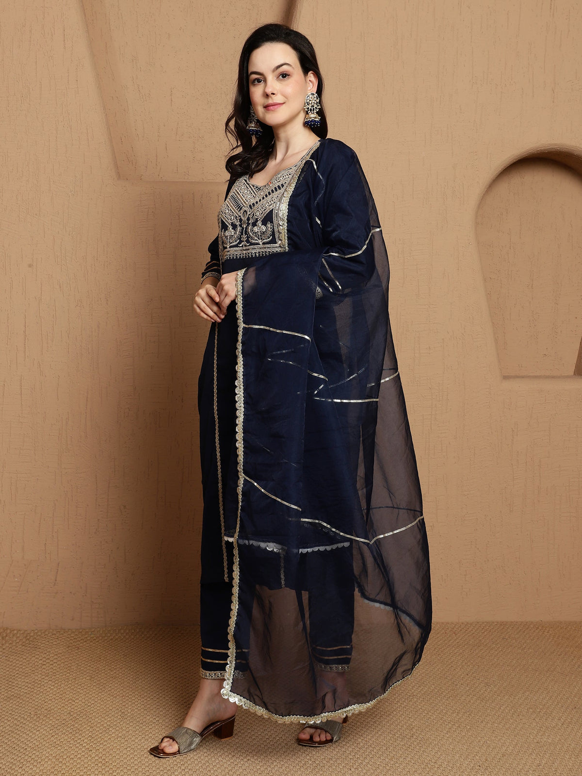 Ebon Weave Floral Embroidered Straight Kurta & Trousers With Dupatta
