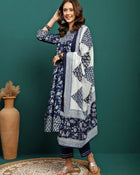 Printed Pure Cotton Anarkali Kurta With Trouser & Dupatta Set
