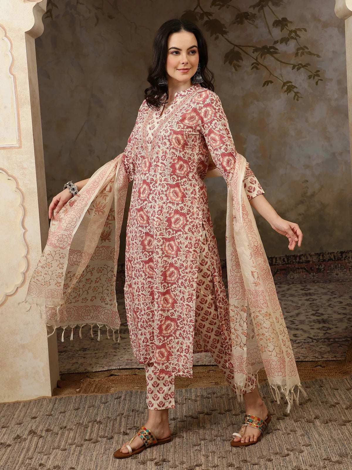 Amaira Floral Printed Straight Pure Cotton Kurta Set with Trousers & Dupatta - aunlabel