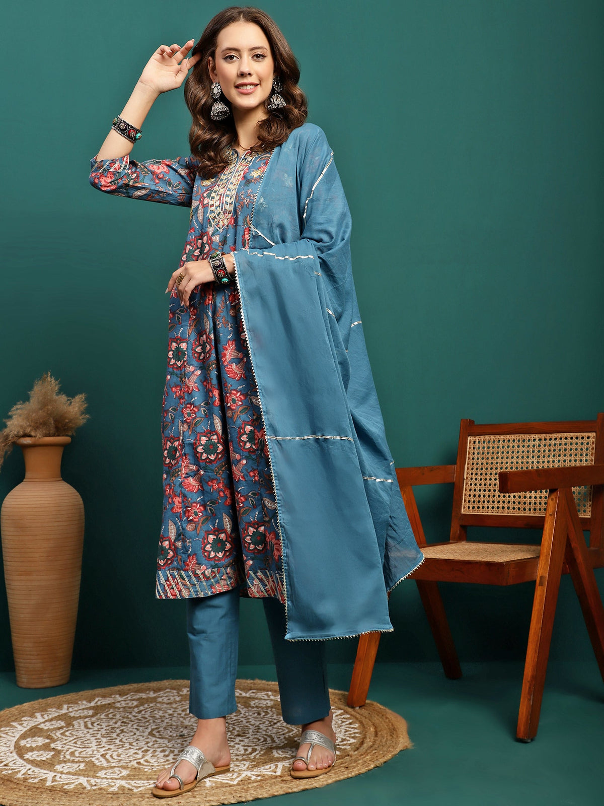 Celeste Grace Printed Pure Cotton A-Line Kurta Pant with Dupatta Set