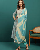 Gleam Garden Floral Printed Pleated Mirror Work A-Line Kurta With Trouser & Dupatta
