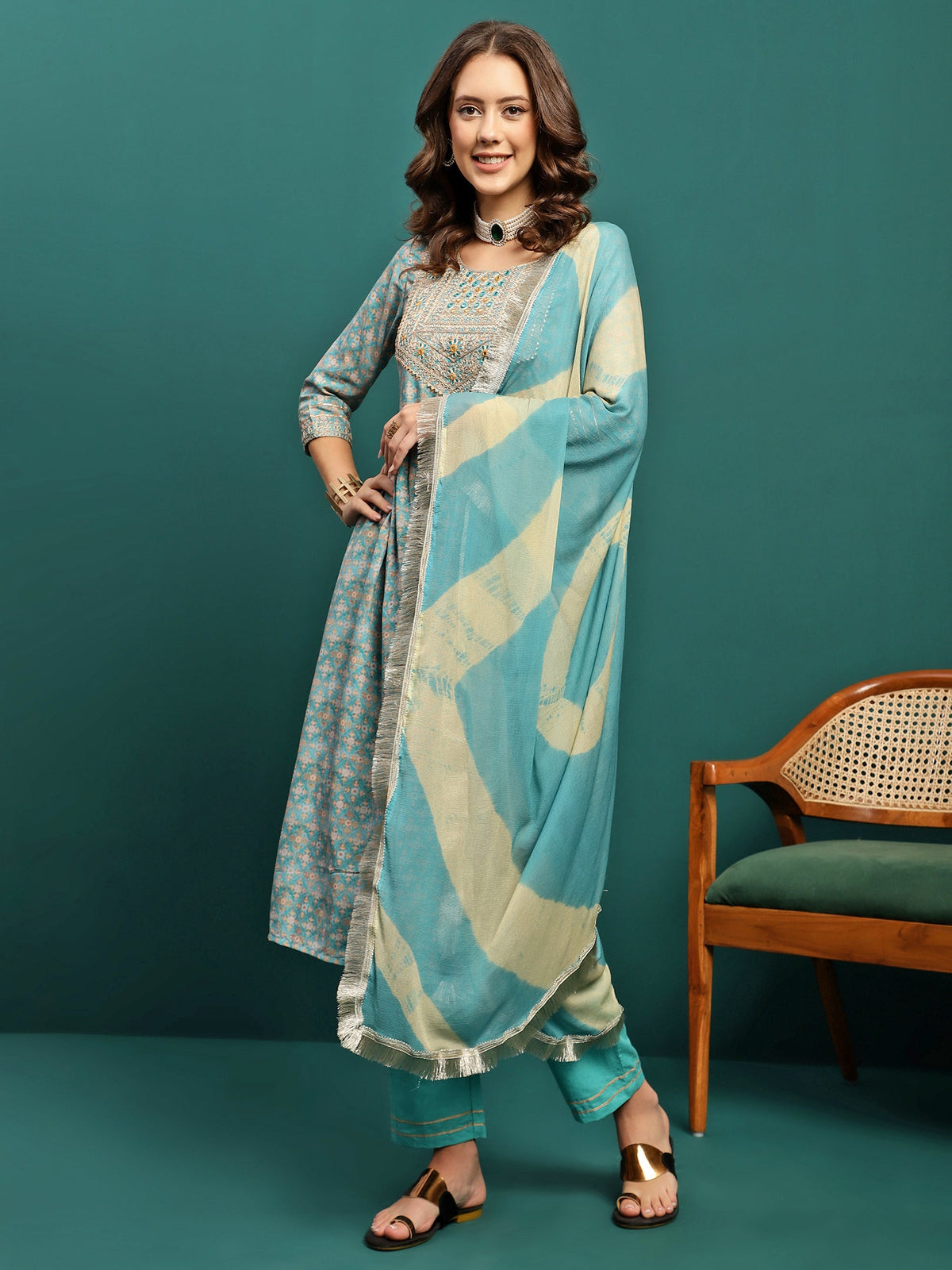 Gleam Garden Floral Printed Pleated Mirror Work A-Line Kurta With Trouser & Dupatta