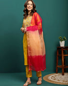 Golden Thread Embroidered Round-Neck Straight Kurta With Trousers & Dupatta