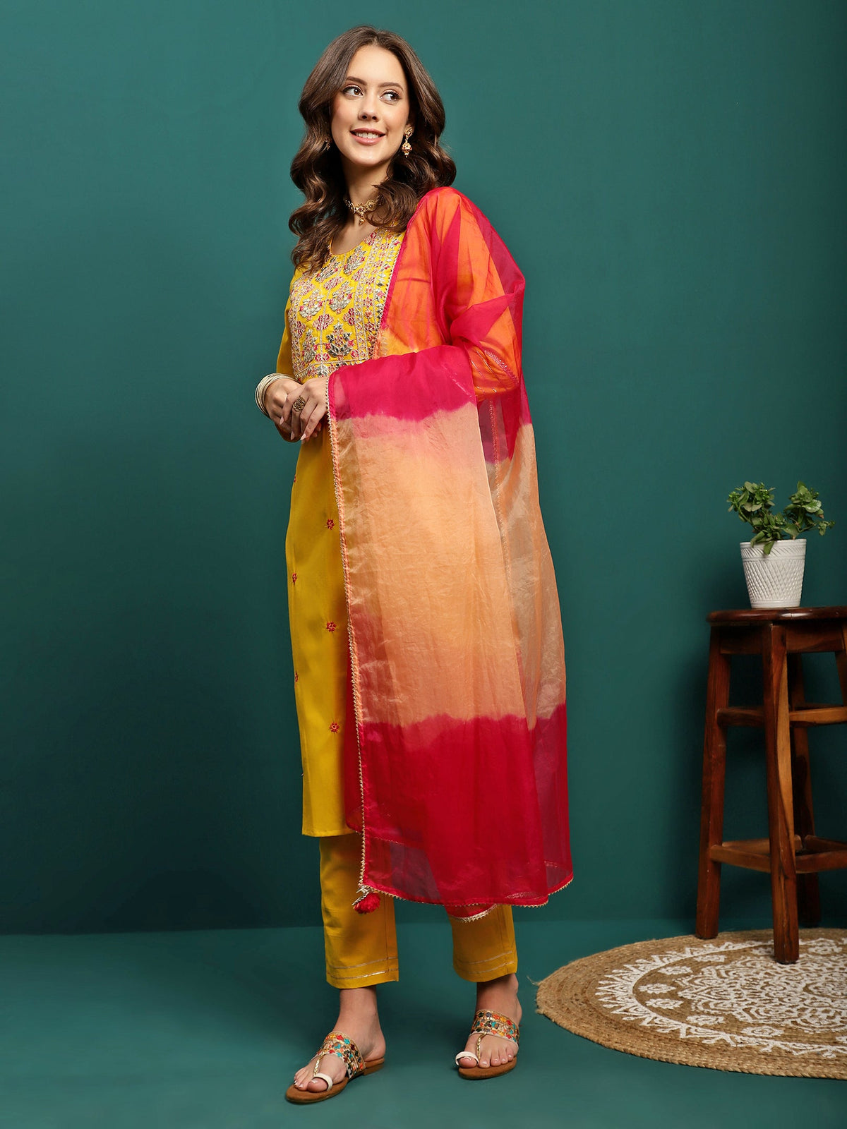 Golden Thread Embroidered Round-Neck Straight Kurta With Trousers & Dupatta