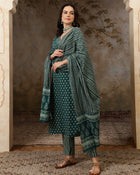 Meher Floral Printed Mirror Work Pure Cotton Straight Kurta Set with Trousers & Dupatta
