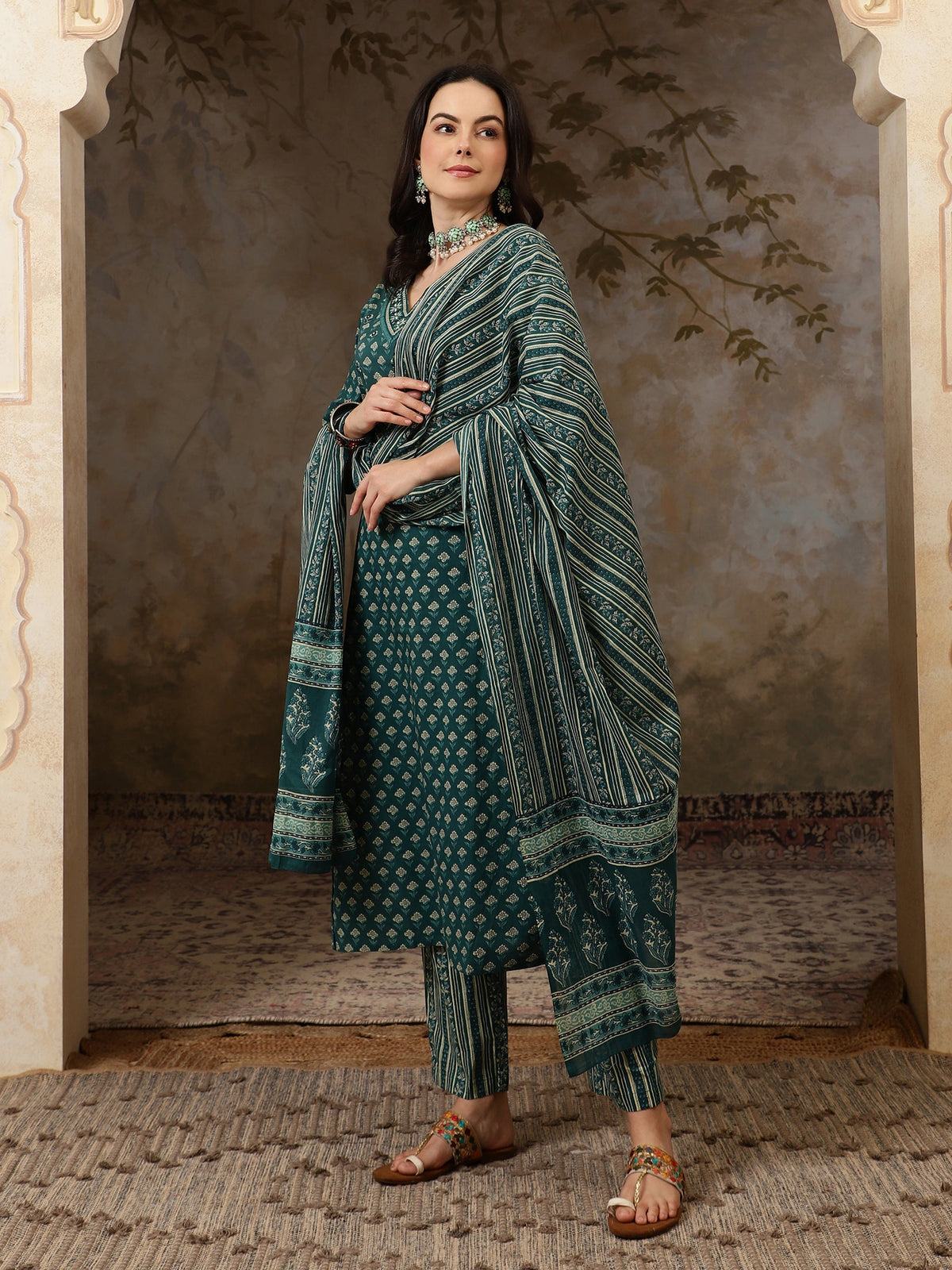Meher Floral Printed Mirror Work Pure Cotton Straight Kurta Set with Trousers & Dupatta