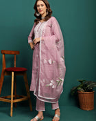 Orchid Bloom Embroidered Round-Neck Kurta With Trouser & Dupatta