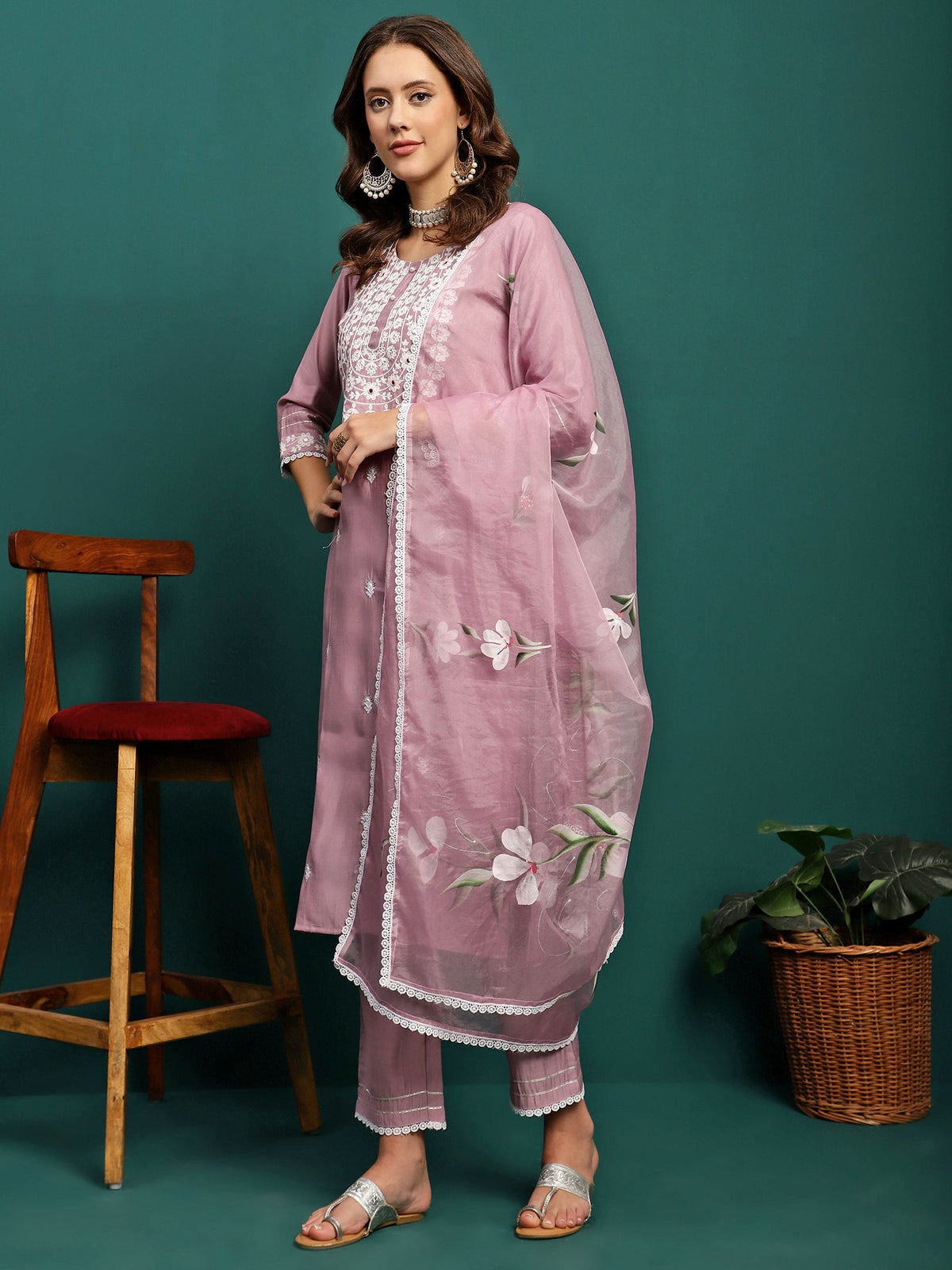 Orchid Bloom Embroidered Round-Neck Kurta With Trouser & Dupatta