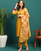 Sun Drape Printed & Embroidered Straight Kurta With Trouser & Dupatta Set