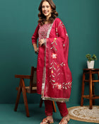 Aurora Thread Floral Embroidered Round-Neck Straight Kurta With Trousers & Dupatta