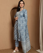 Heritage Hues Ethnic Motifs Printed Pure Cotton Straight Kurta & Trousers With Dupatta