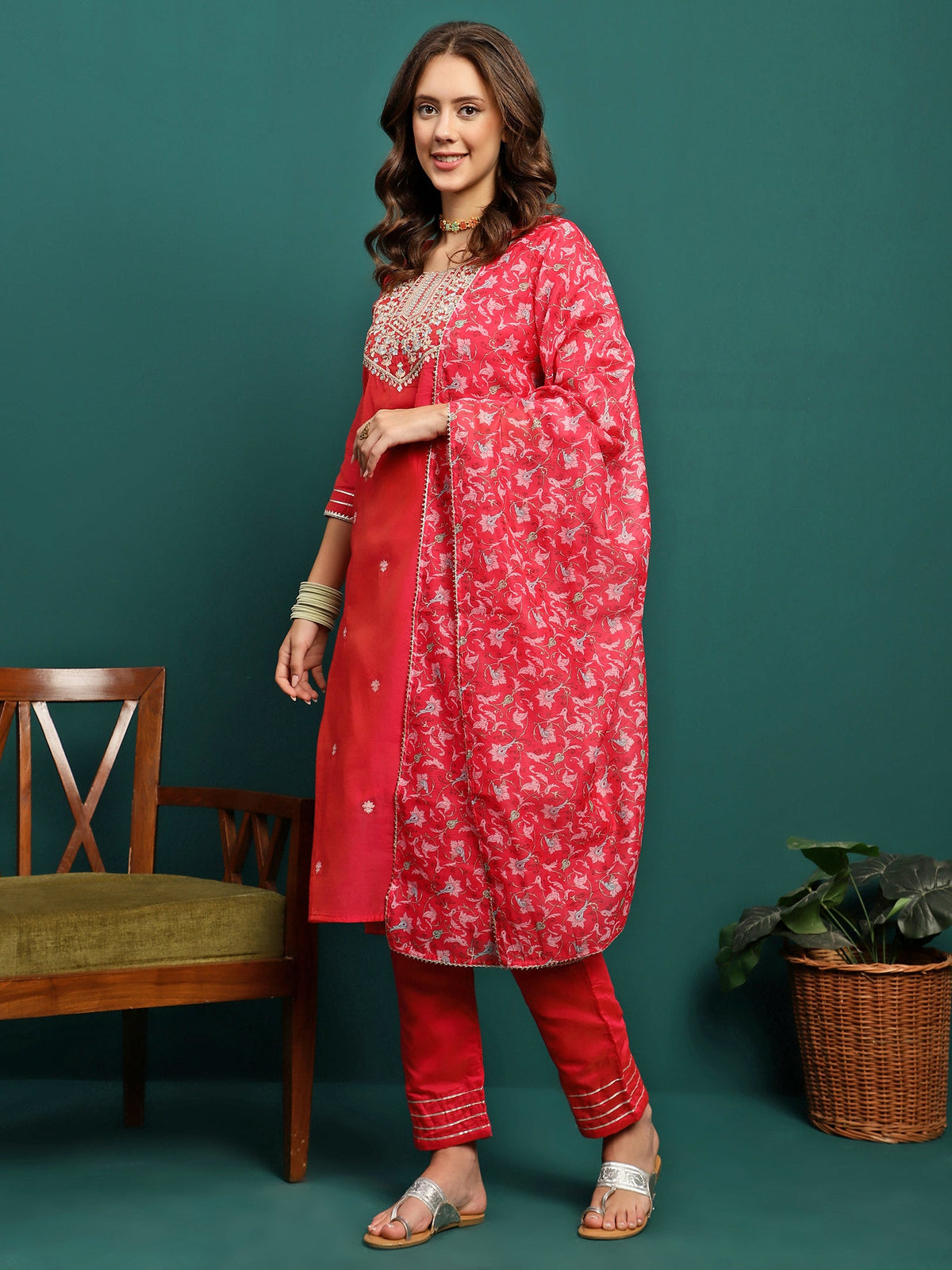 Roselle Grace Embroidered Silk Kurta Pant Dupatta Set