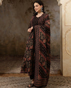 Inaya Black Floral Bead & Stone Work Cotton Anarkali Kurta Set with Dupatta