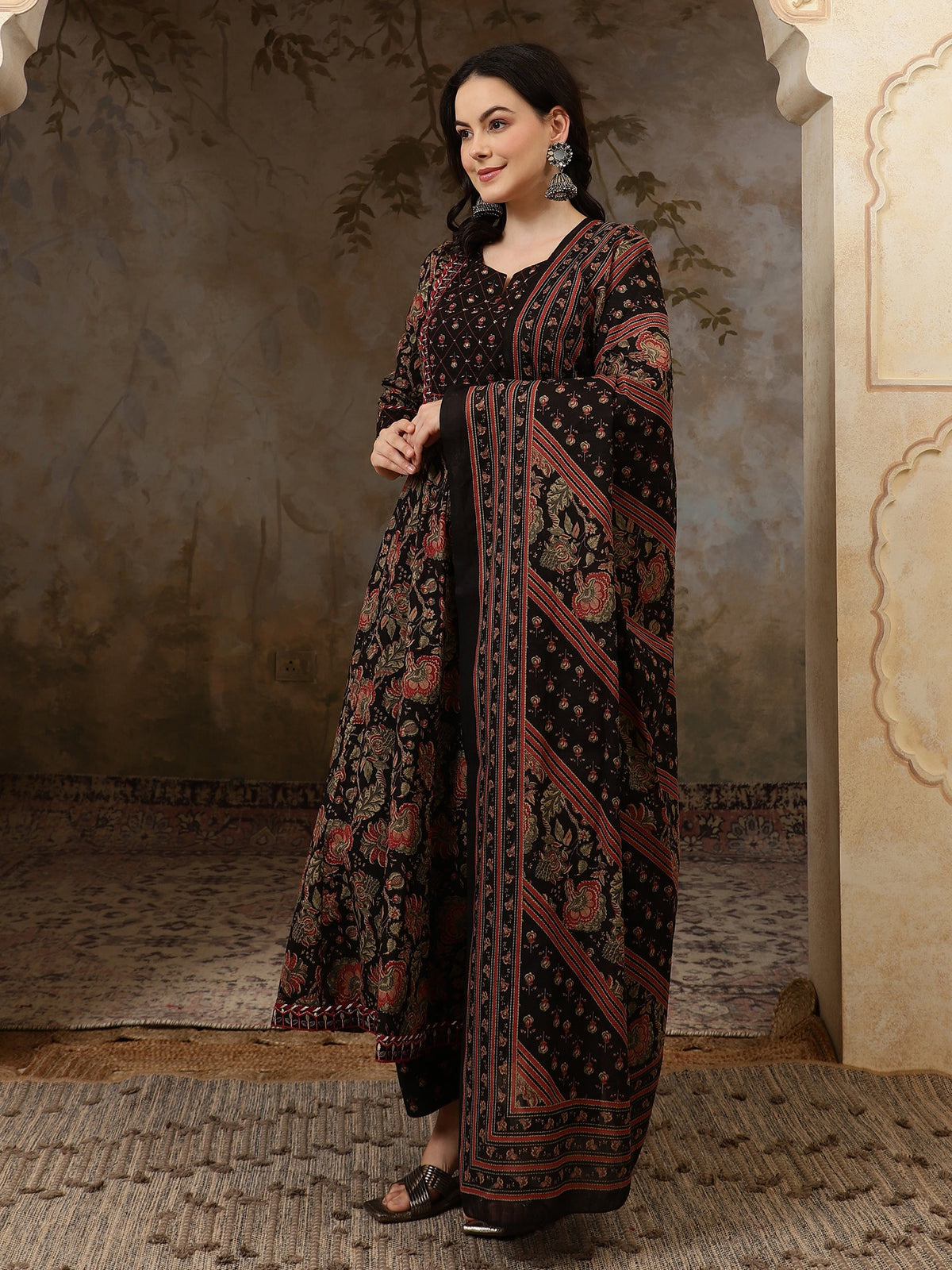 Inaya Black Floral Bead & Stone Work Cotton Anarkali Kurta Set with Dupatta