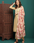 Lunar Taupe Embroidered Straight Kurta Pant with Dupatta Set