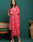 Blush Bloom Printed Pure Cotton Straight Kurta With Trouser & Dupatta Set