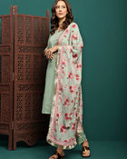 Mint Mirage Floral Embroidered Kurta & Trouser With Dupatta Set