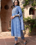Indigo Drape Bandhej Printed Kurta Pant Dupatta Set