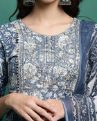 Blue Printed Thread Work Pure Cotton Empire A-Line Kurta with Trousers & Dupatta