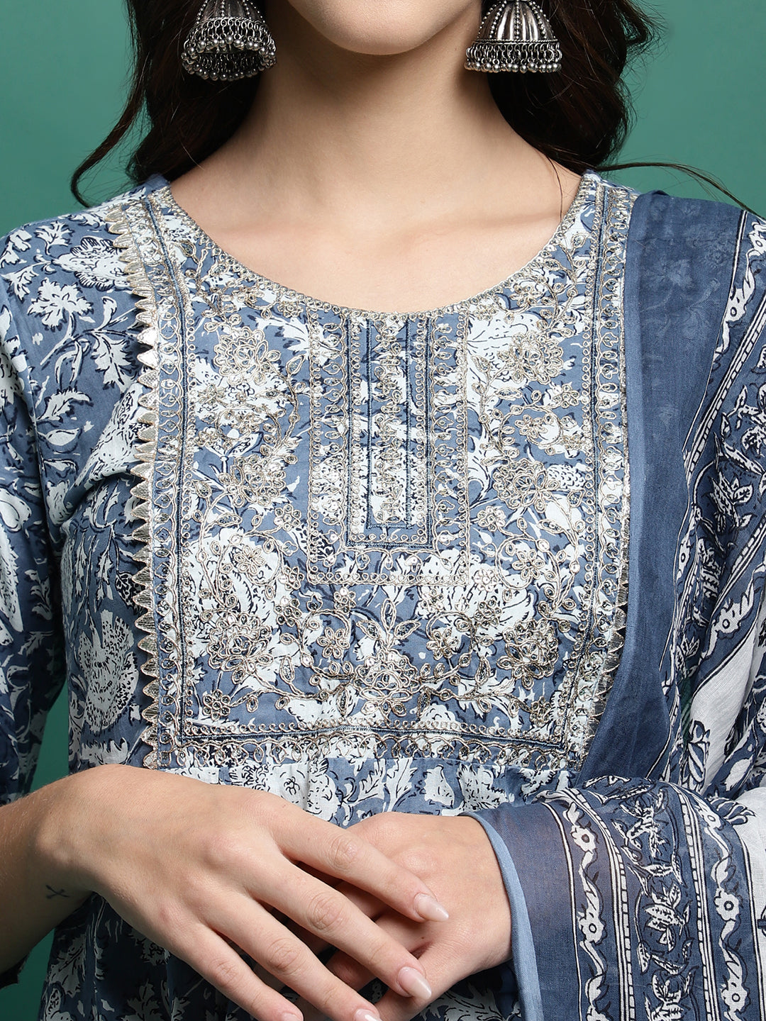 Blue Printed Thread Work Pure Cotton Empire A-Line Kurta with Trousers & Dupatta
