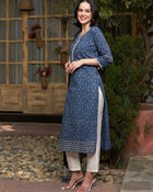 Sapphire Bloom Blue Cotton Printed Kurta Pant with Dupatta Set Ethnic Wear for Women