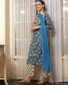 Aqua Bloom Turquoise Cotton Printed Kurta Pant with Dupatta Set Ethnic Wear for Women